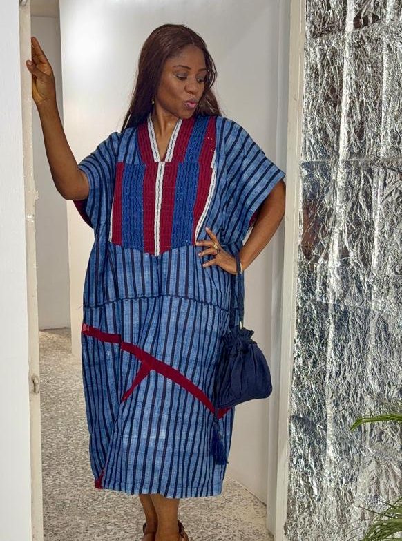 YENIMO. 3/4 length Adire Alaro with Jawu aso oke casual dress