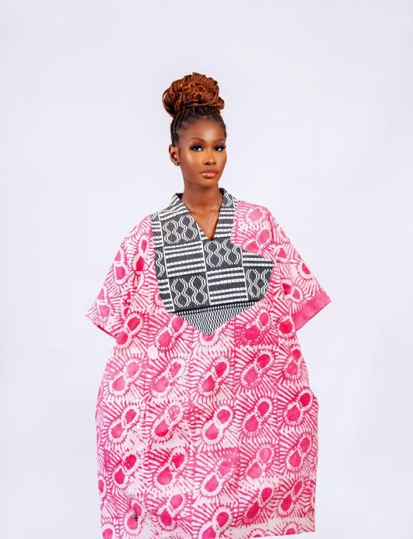 Ruth. Knee length dress made with Adire fabric and Akwete