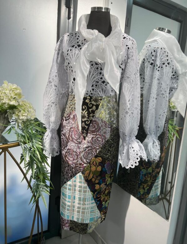 White Lace Top, M&M Brocade Straight Skirt - Skirt