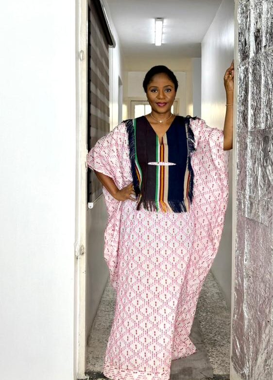 Olori Lux - Pink fabric mix with blue stripes mixed aso oke