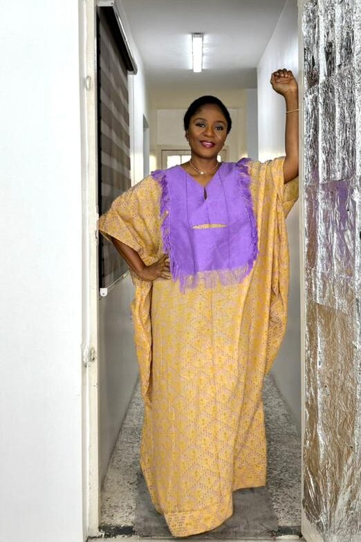 Olori Lux - Yellow fabric mix with lilac aso oke