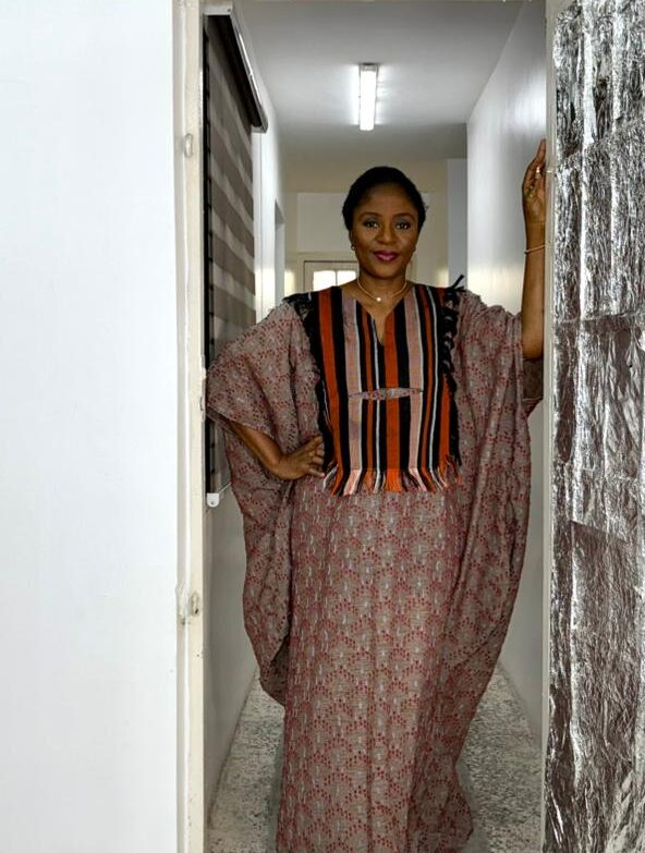 Olori Lux - Pink fabric mix with brown stripe aso oke